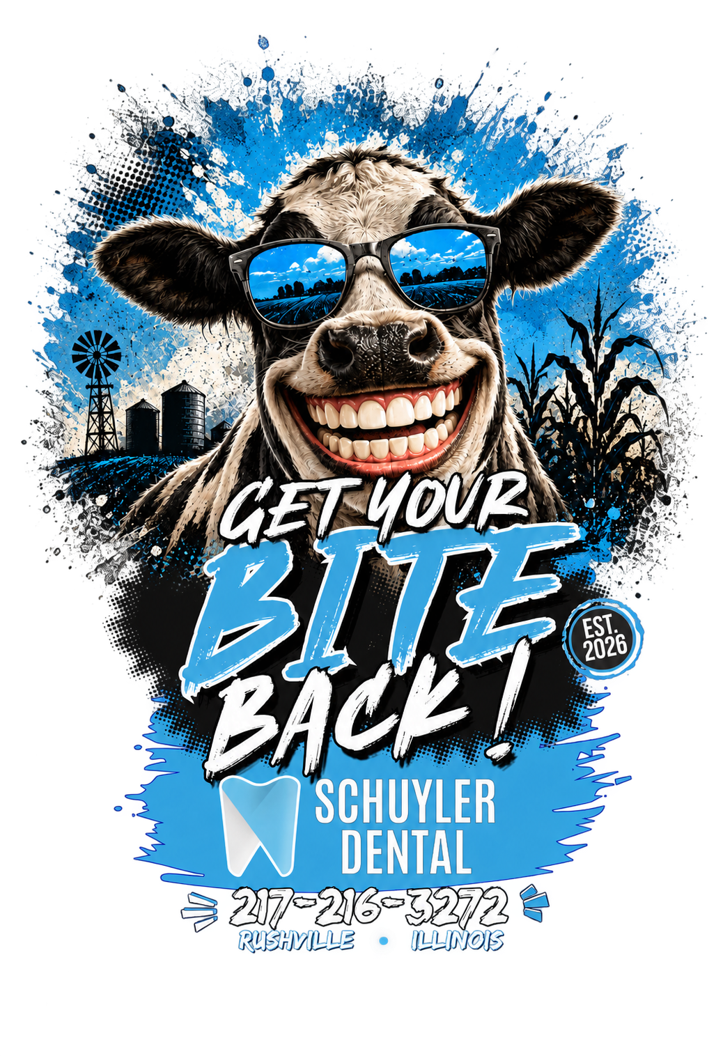 Transparent Get Your Bite Back Schuyler Dental apparel design featuring a smiling cow
